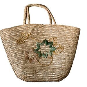 Straw Lined Beach Bucket Tote Bag Woven Flowers 172G